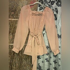 Sheer Lace-Trim Peasant Blouse in Dusty Rose